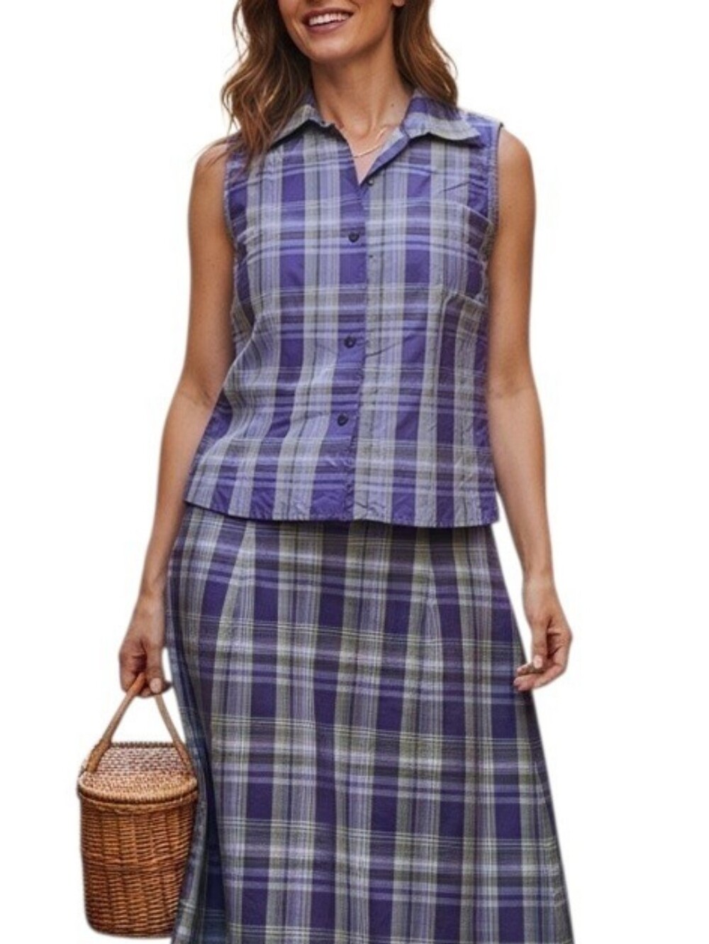 Josephine Chaus 100% Silk Purple Plaid 2-Piece Top & Skirt Set Lined Size 14